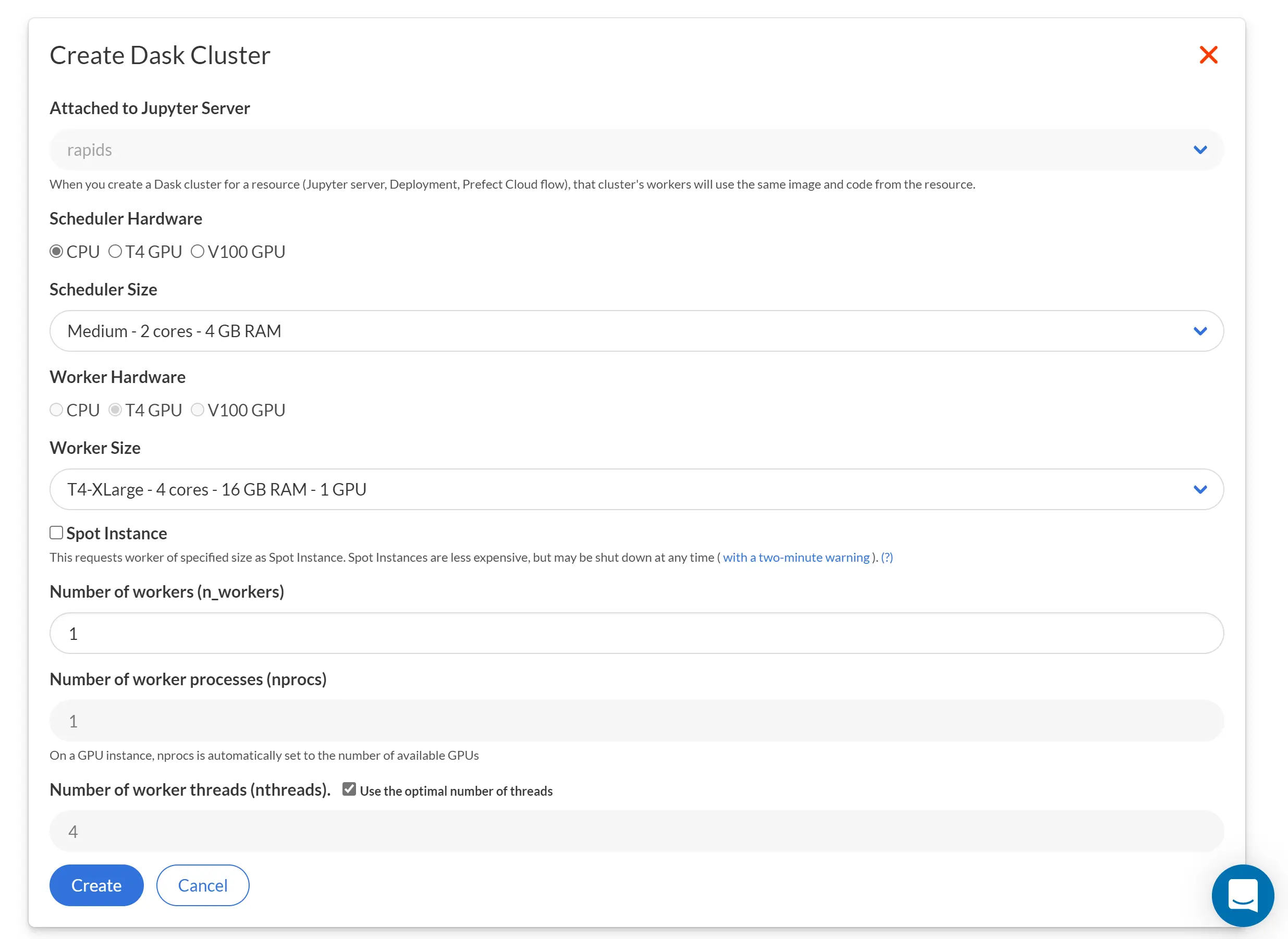 Create Dask Cluster form in Saturn Cloud UI