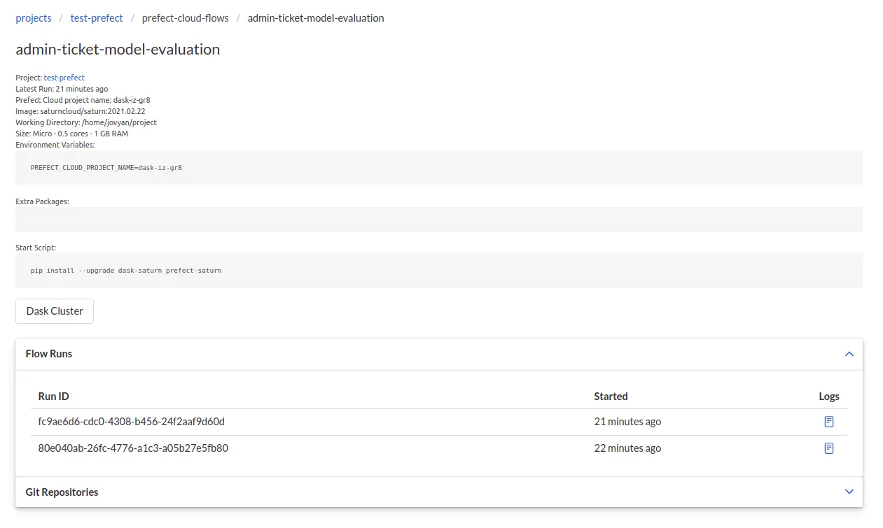 View of details page for one Prefect Cloud flow, showing a table of flow runs